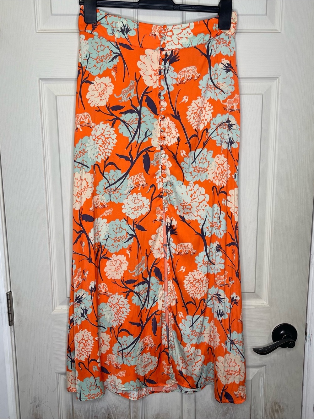 Free People Sammy Button Down Maxi Skirt Womens Orange Floral Boho Slit Sz 8
